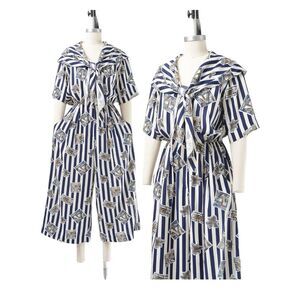 Vintage Women’s Nautical Novelty Print Jumpsuit Wide Leg Striped Sailboat sz M
